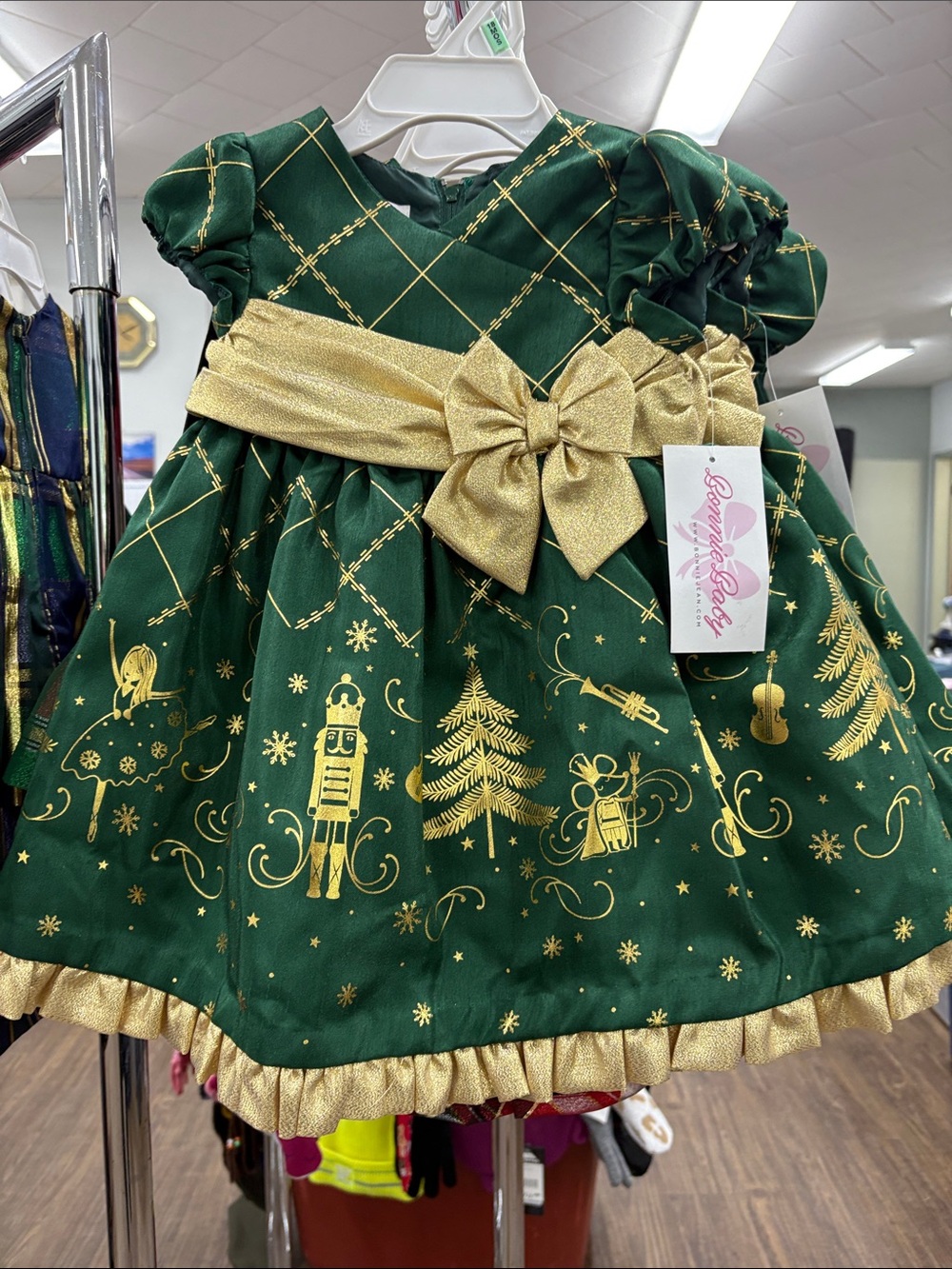 Bonnie Baby Green and Gold Nutcracker Holiday Dress